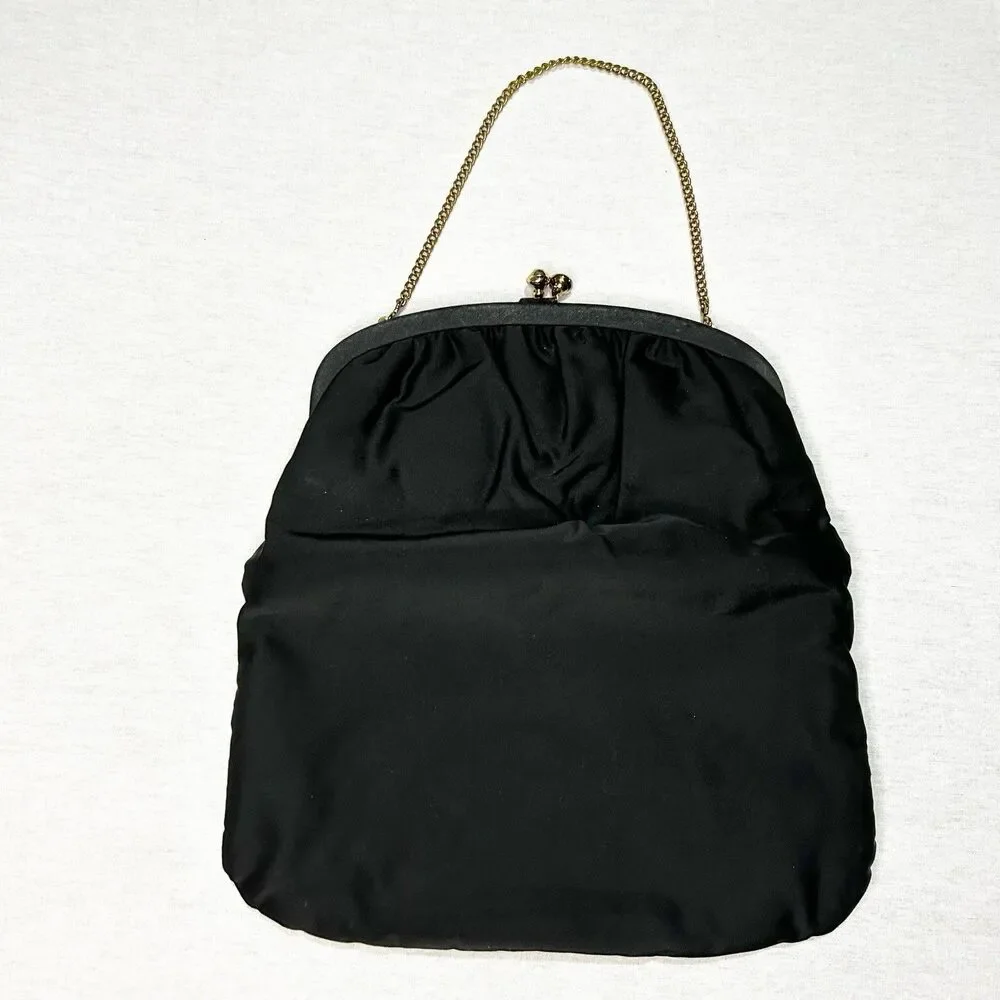 Vintage Kisslock Evening Bag in Black Fabric with Delicate Chain Hand Strap